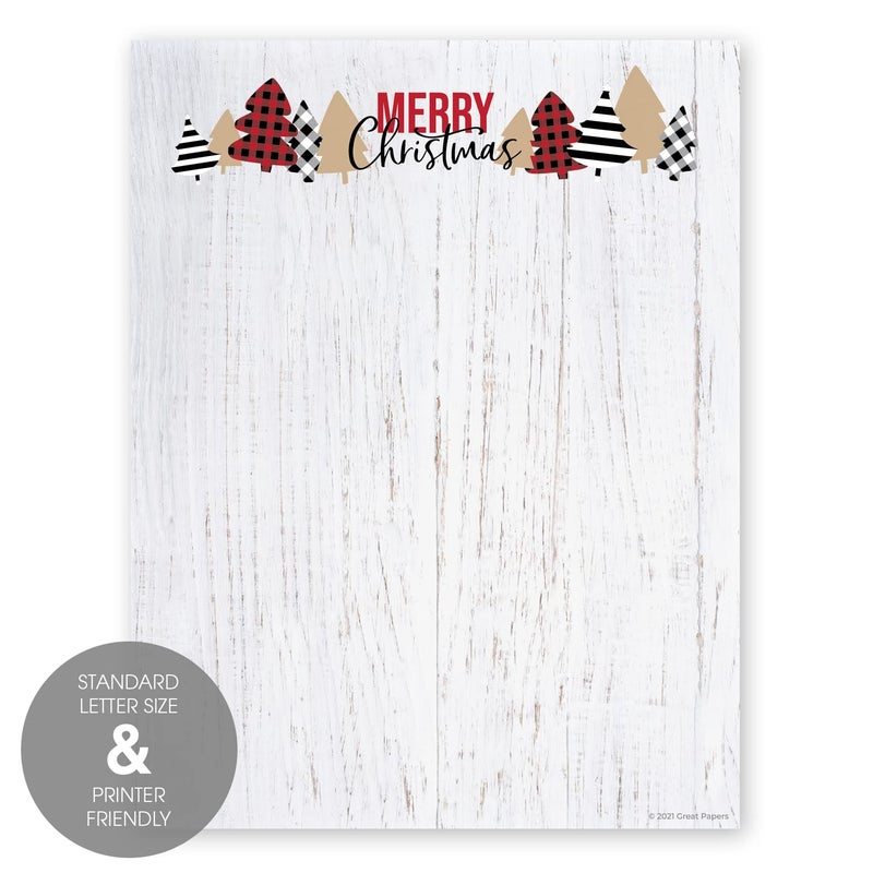 Canopy Street Patterned Trees Merry Christmas Letterhead / 50 Sheets Plaid Winter Holiday Design / 8.5"" x 11"" Rustic Modern Farmhouse Buffalo Check Paper - Image 2